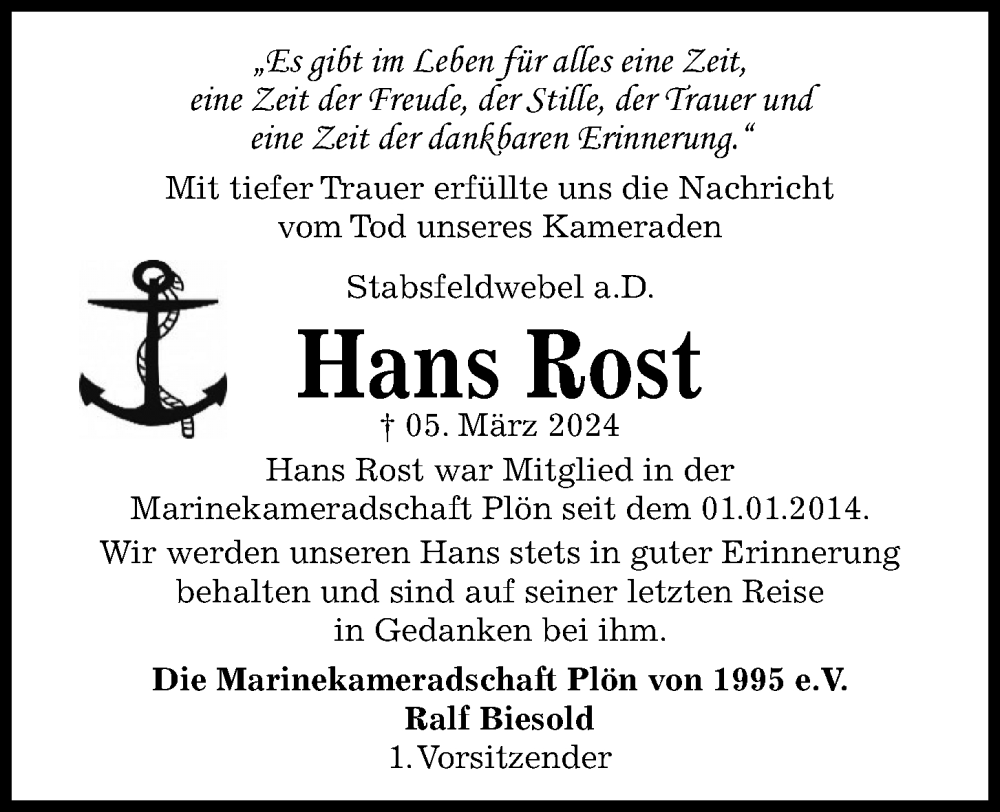 Nachruf für Hans Rost