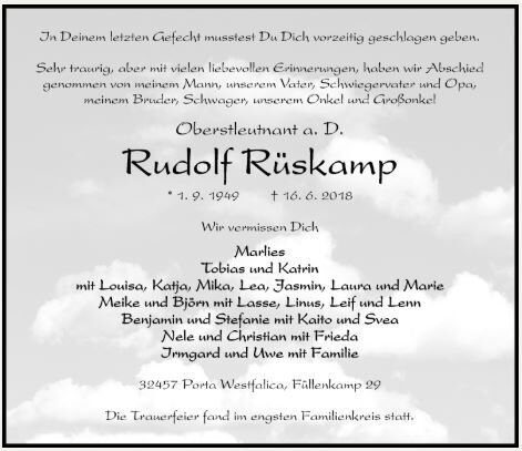 Traueranzeige für Rudolf Rüskamp