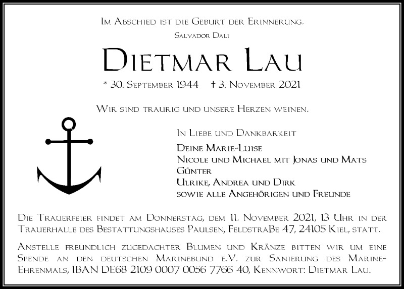 Traueranzeige für Dietmar Lau